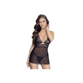 Nuisette noire en dentelle et résille transparente avec string 